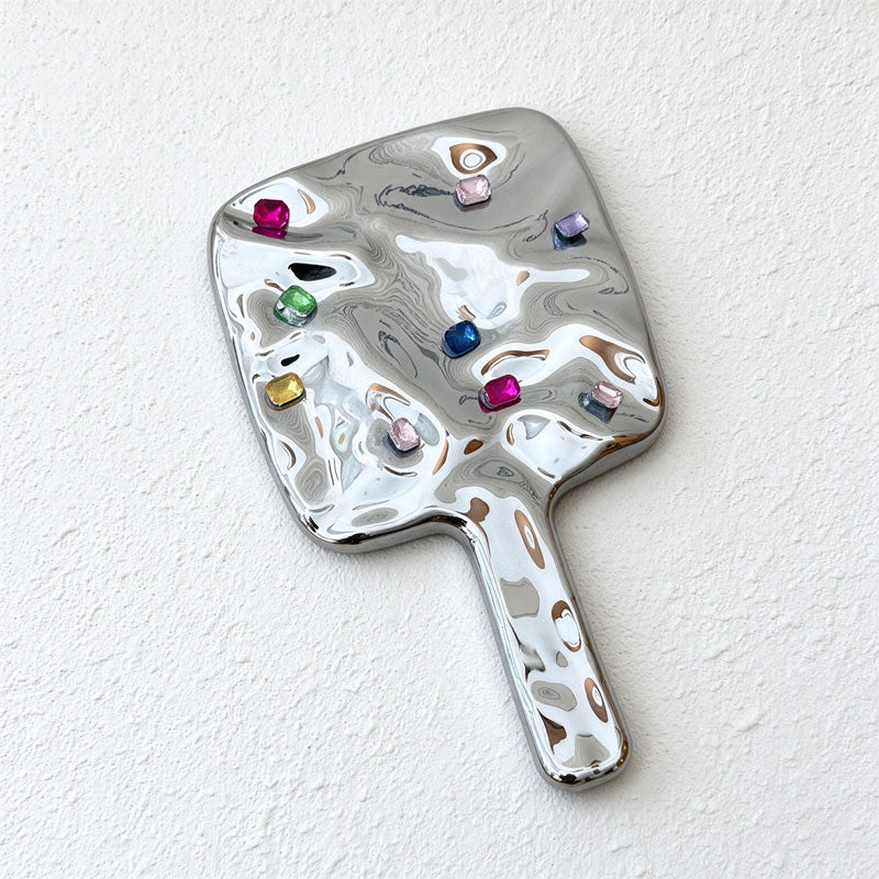 Jeweled Hand Mirror with Rippled Silver-Colored Back