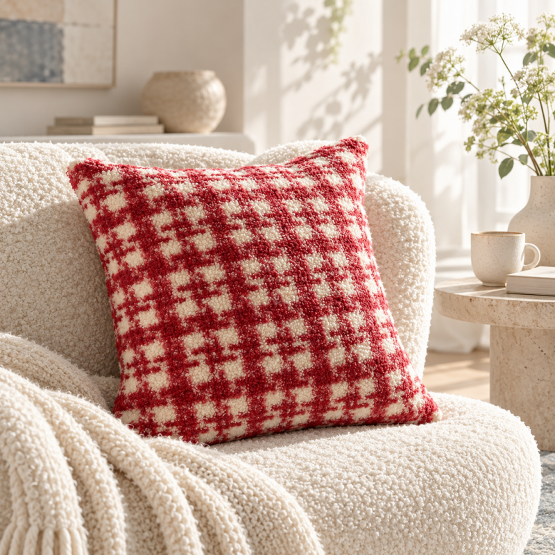 CouldNook Checked Cushion Cover - Fuzzy Surface And Contrasting Woven-Look Pattern