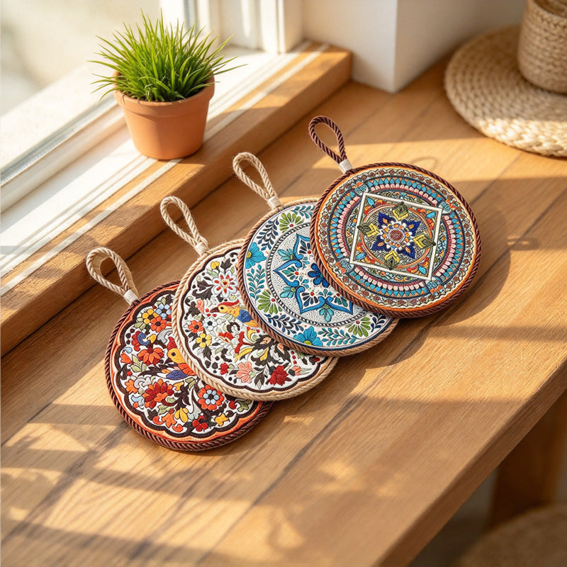 CouldNook Patterned Ceramic Coaster - Round Motifs and Cord-Edged Trivets