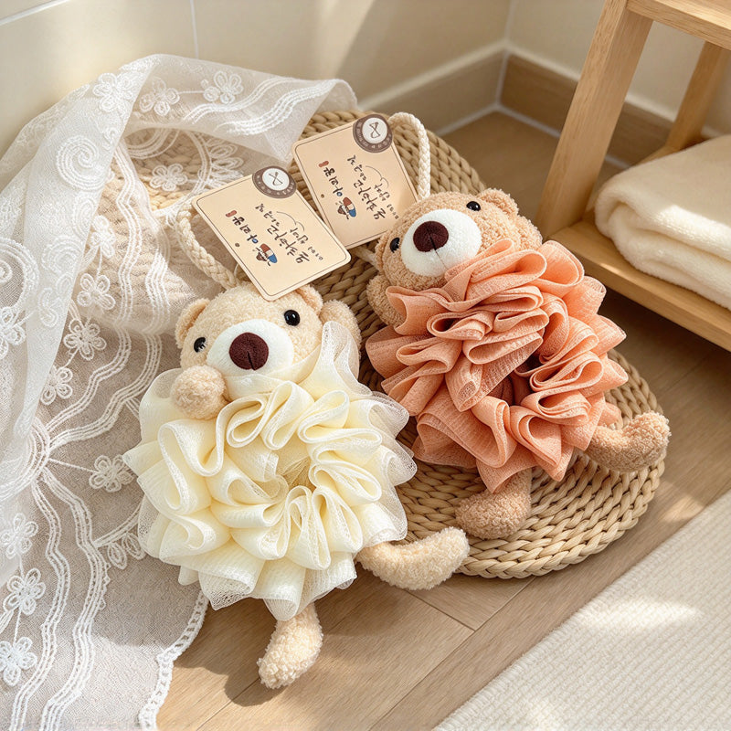 CouldNook Animal Bath Pouf - Bear and Rabbit Faces Around Ruffled Mesh
