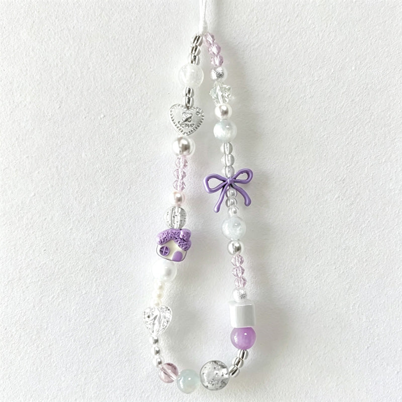 CloudNook Beaded Phone Wrist Strap-Purple House Bow Design