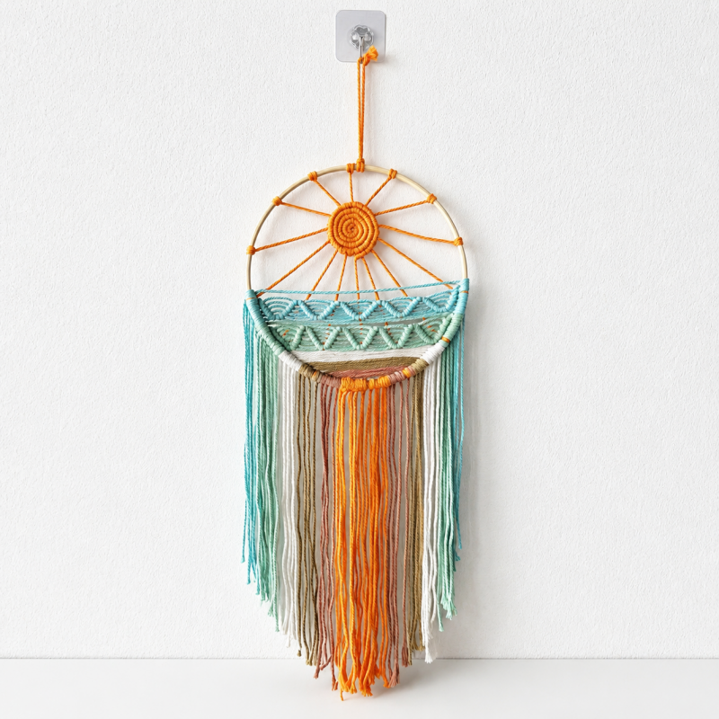 CouldNook Woven Sun Wall Hanging - Mint and Orange Fringe