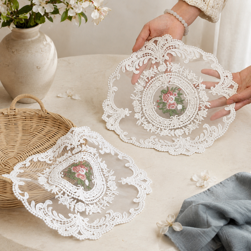 CouldNook Round Floral Lace Coaster Mat - Layered Border