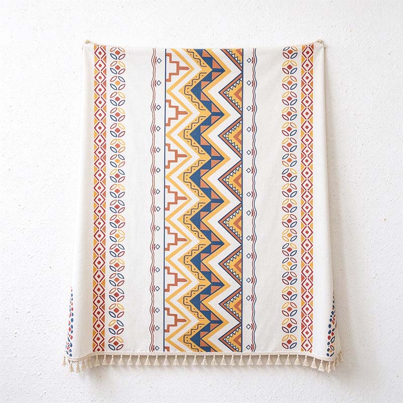 CouldNook Geometric Tassel Tablecloth - Patterned Bands and Cotton-Linen Blend Fabric