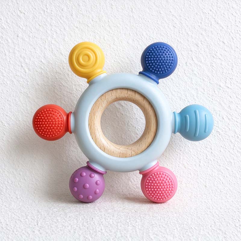 CouldNook Textured Ring Teether - Rounded Tabs and Wooden Center