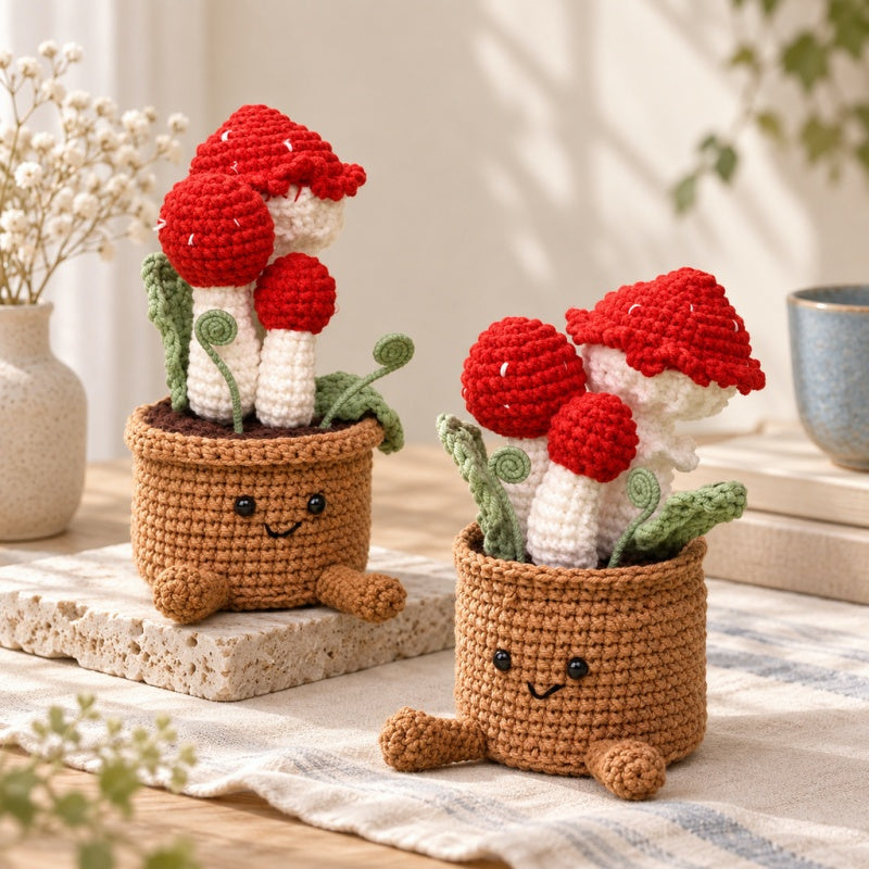 CouldNook Crocheted Mushroom Pot Ornament - Red Caps And Smiling Pot