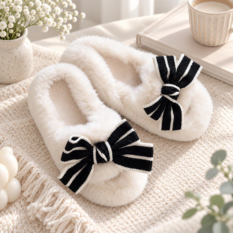 CouldNook Plush Bow Slippers - Cream and Black Options