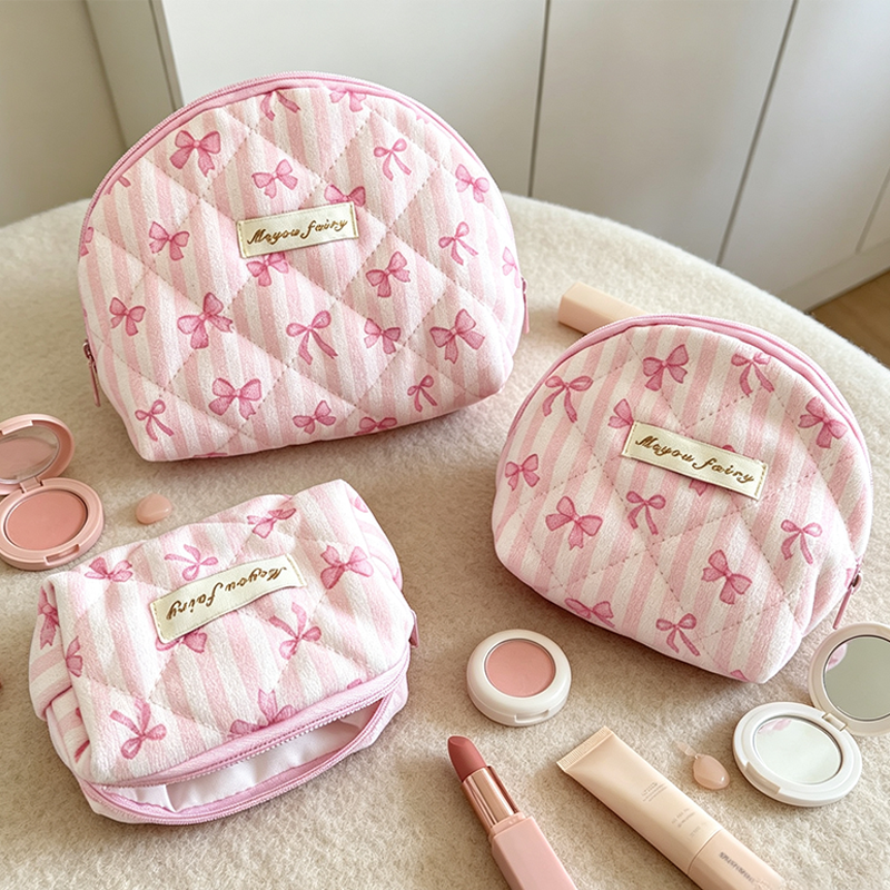 CouldNook Quilted Stripe Bow Print Cosmetic Bag - Vanity Storage Accent