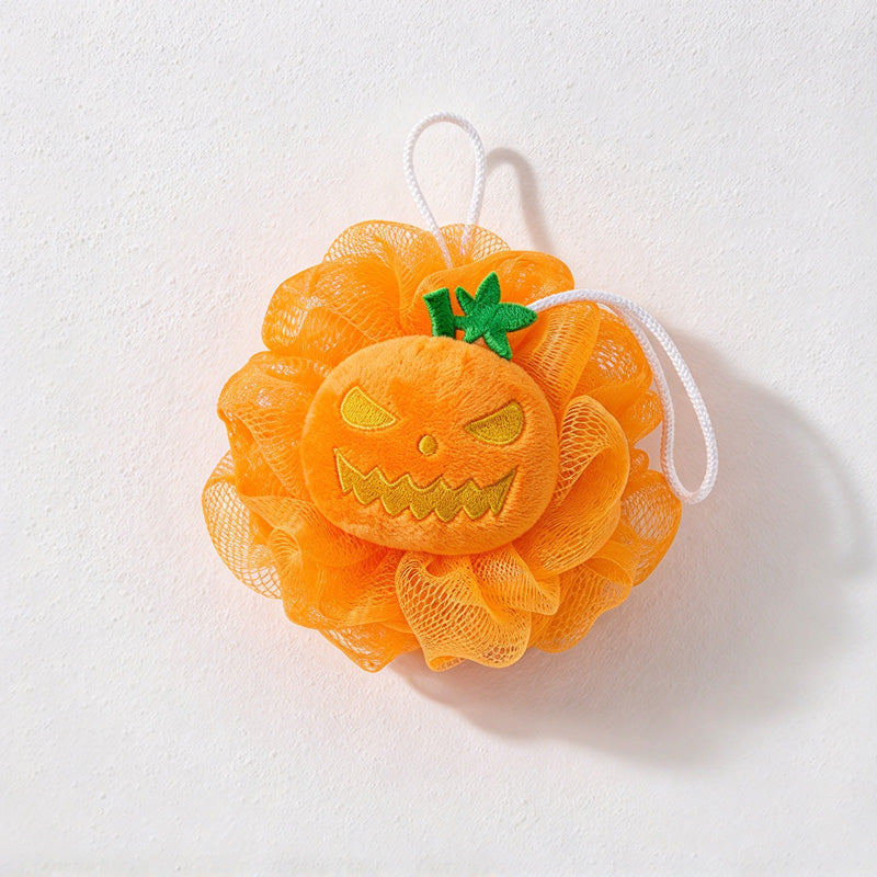 CouldNook Pumpkin Bath Pouf - Jack-O-Lantern Face And Hanging Cord
