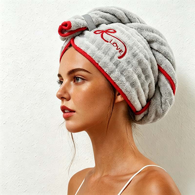 CouldNook Embroidered Hair Towel Wrap - Bow Motif Contrast Trim
