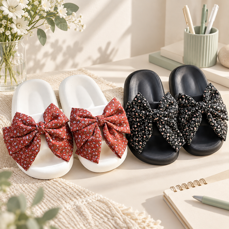 CouldNook Floral Bow Slippers - Black and White Options