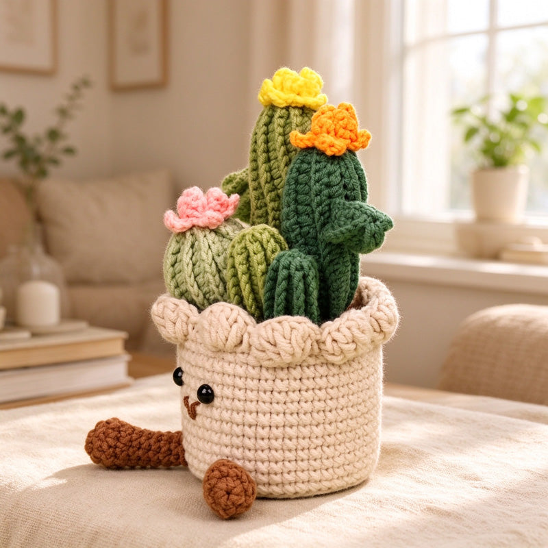 Crochet Cactus Arrangement in Smiling Flower Pot
