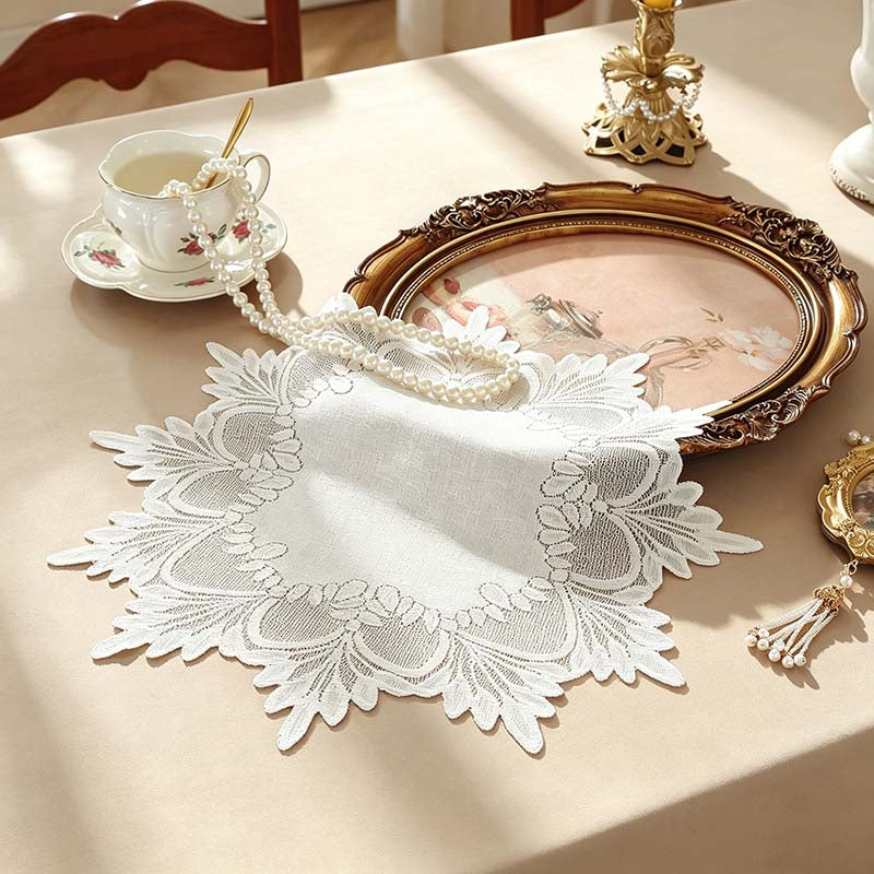 CouldNook Round Embroidered Lace Placemat - White Floral Designs