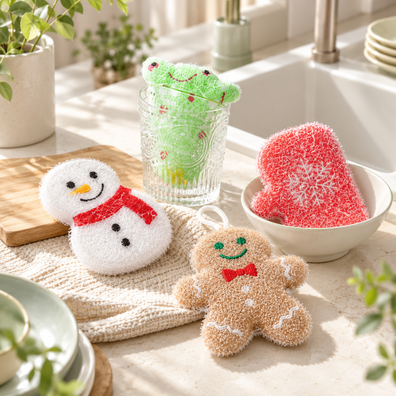 Embroidered Christmas Dishwashing Sponges with Hanging Loops