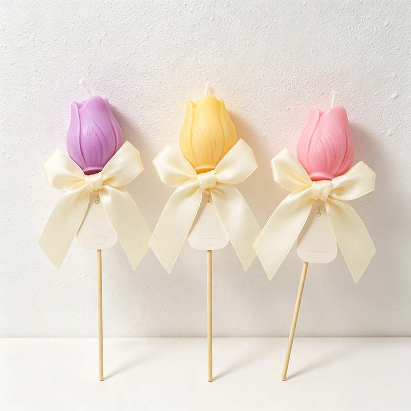CouldNook Tulip Candle On Stem - Sculpted Petals And Ribbon Bow