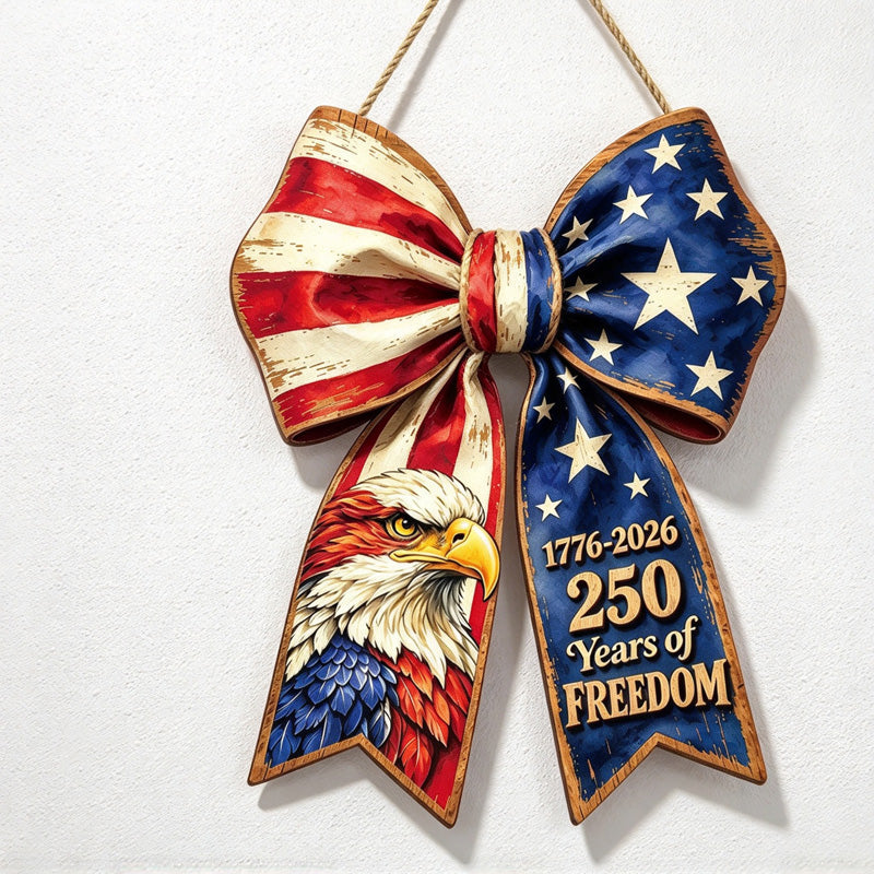 CouldNook Bow Wooden Hanging Sign - Flag Pattern and Eagle Illustration