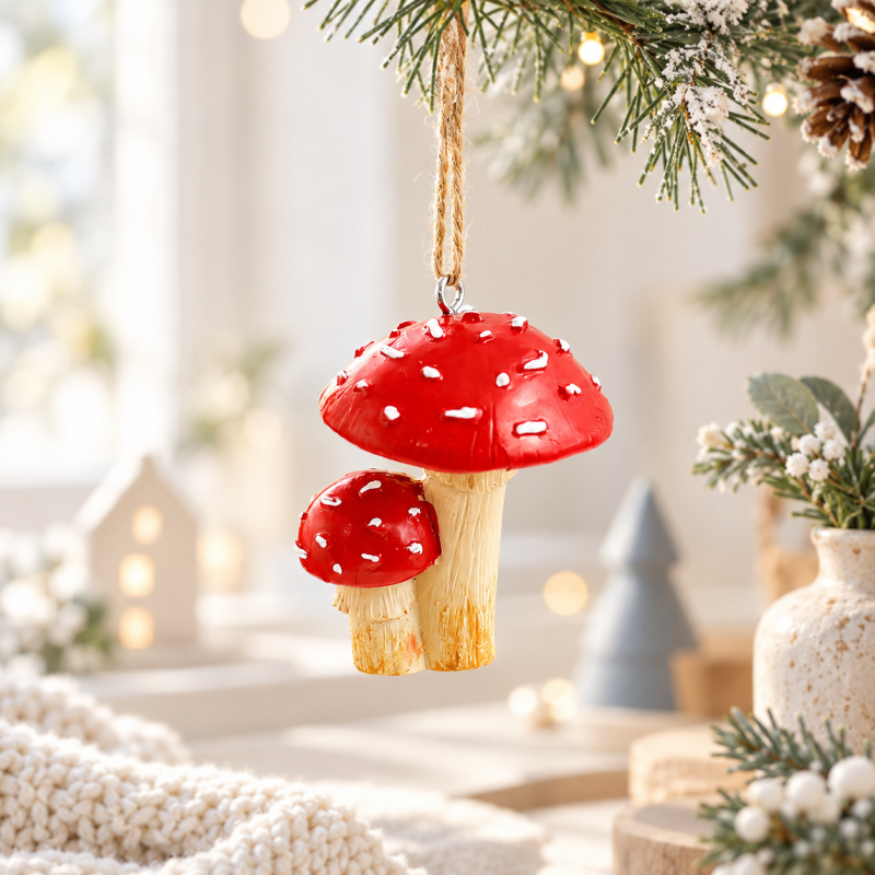 Mushroom Ornament - Paired Red Caps and Twine Loop