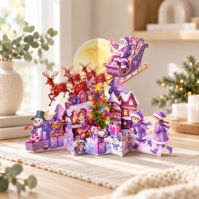 CouldNook Christmas Pop-Up Card - Purple Village and Flying Reindeer Scene