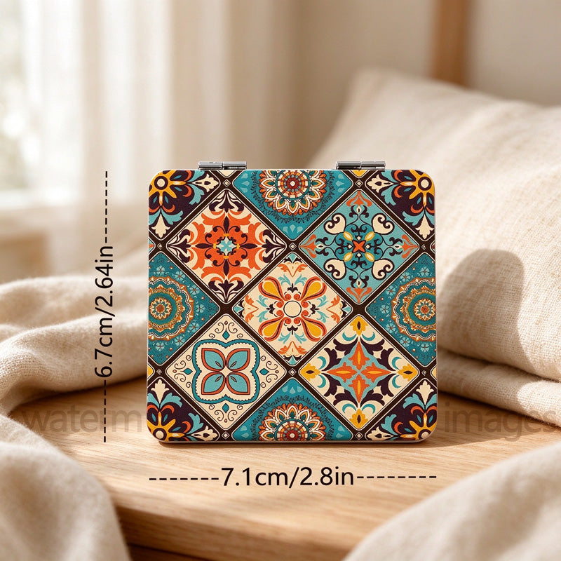 Boho Tile Print Compact Mirror with Folding Case