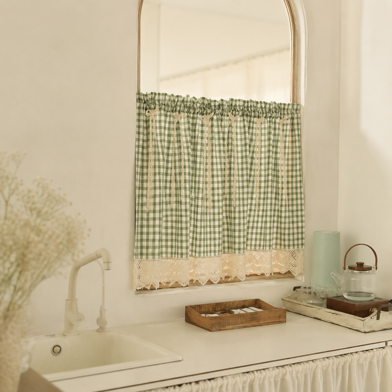 CouldNook Gingham Cabinet Curtain - Lace Trim and Ties