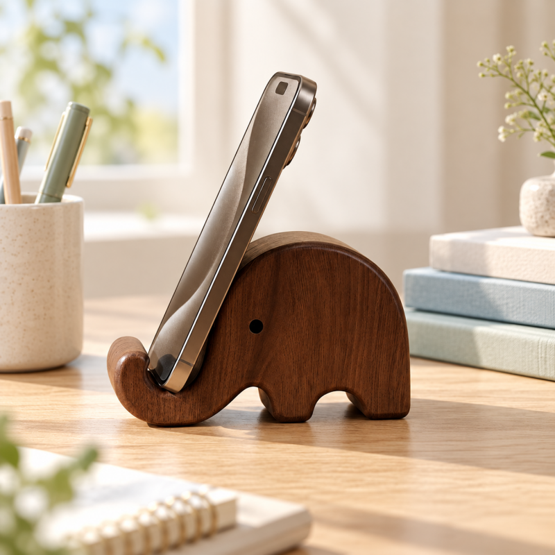 CouldNook Elephant Phone Stand - Dark Brown Wood and Curved Trunk Support