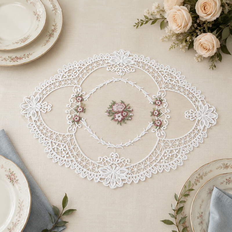 CouldNook Floral Embroidered Lace Table Placemat - Scalloped Border