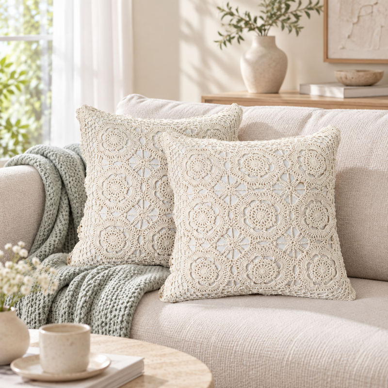 CouldNook Crochet Floral Cushion Cover - Openwork Medallions And Cotton Texture