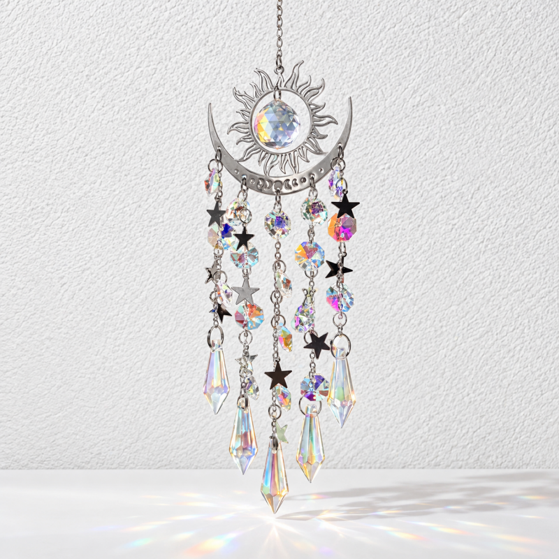 CouldNook Sun And Moon Suncatcher - Flame-Like Rays and Cascading Faceted Drops