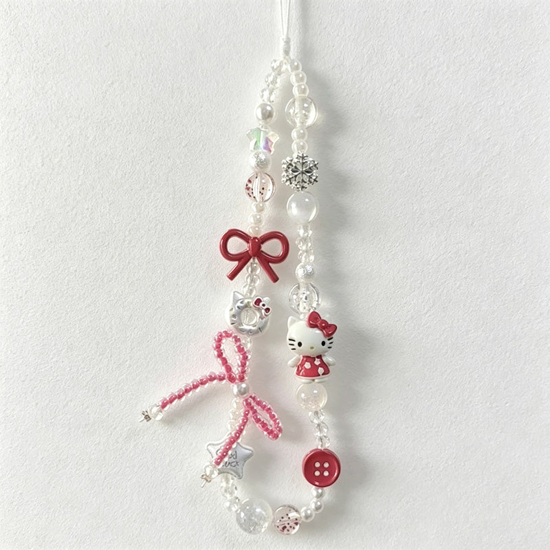 CloudNook Beaded Phone Wrist Strap-Cartoon Cat Bow Design