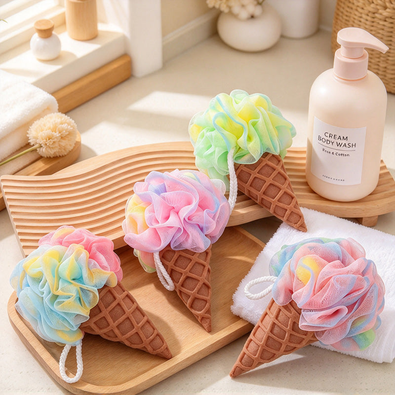 CouldNook Ice-Cream Bath Pouf - Pastel Mesh Scoop and Textured Cone