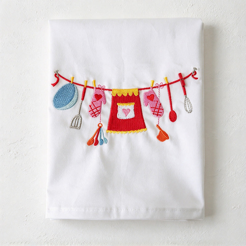 CouldNook Embroidered Cotton Napkin - Colorful Kitchen Motifs On White