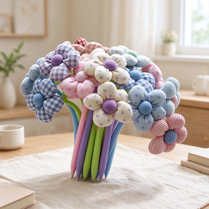 CouldNook Fabric Flower Gel Pen - Padded Petals And Curved Leafy Stem
