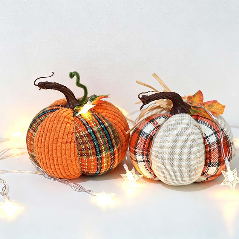 CouldNook Plaid Fabric Pumpkin Ornament - Curved Stem and Textured Panels