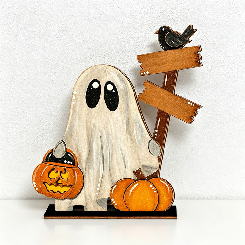 CouldNook Halloween Ghost Wooden Tabletop Ornament‑Pumpkin Boo‑Ville Sign Home Decor