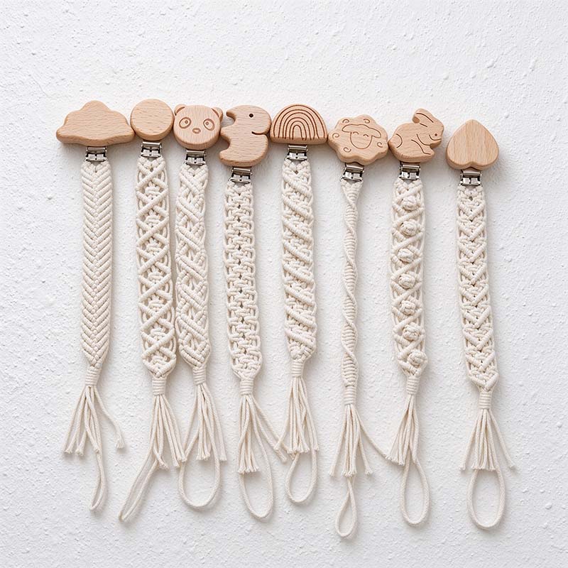 CouldNook Pacifier Clip - Knotted Cotton Cord and Shaped Wood Detail