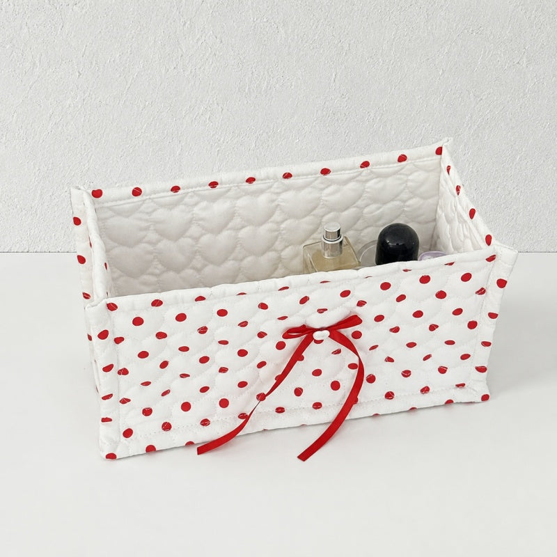 CouldNook Polka Dot Quilted Storage Bin Rectangular Bow‑Decorated Desktop Organizer
