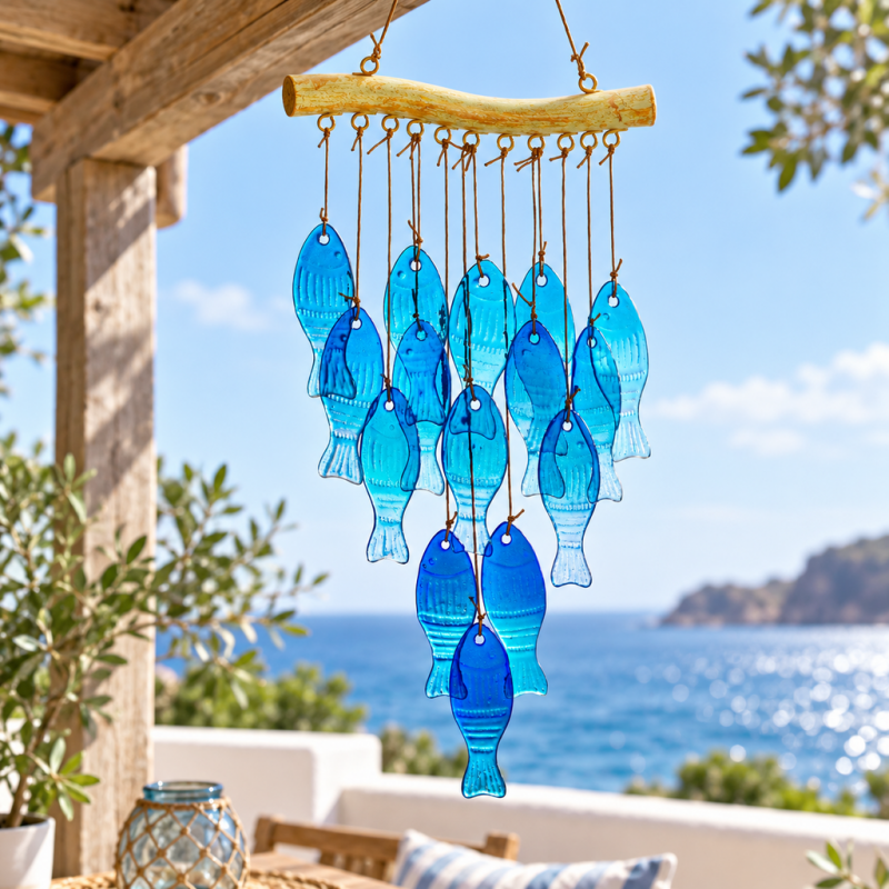 CouldNook Glass Fish Wind Chime - Blue Cascade And Horizontal Metal Support