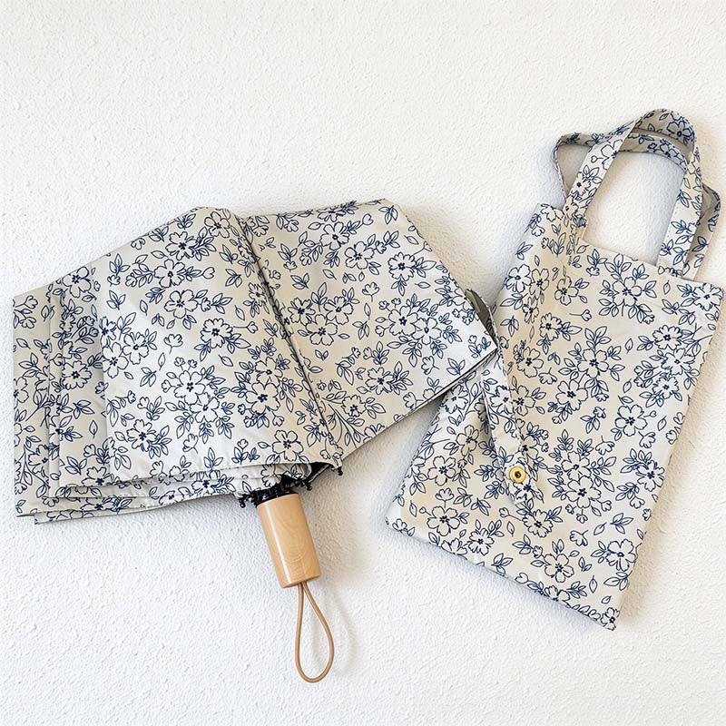 Blue Floral Folding Umbrella - Matching Carry Bag Options