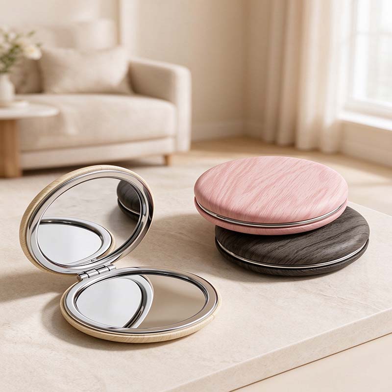 CouldNook Woodgrain Compact Mirror - Round Folding Case and Dual Views