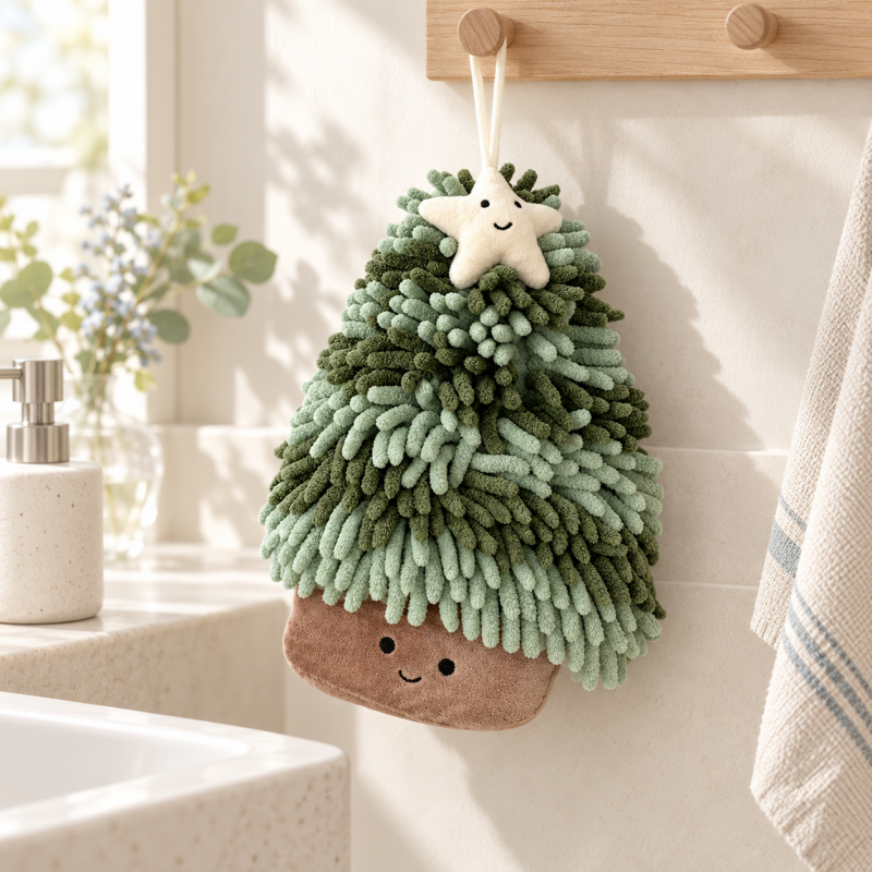 Christmas Tree Chenille Hand Towel with Smiling Star
