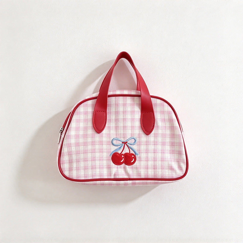 CouldNook Pink Gingham Makeup Bag - Cherry Motif And Red Handles