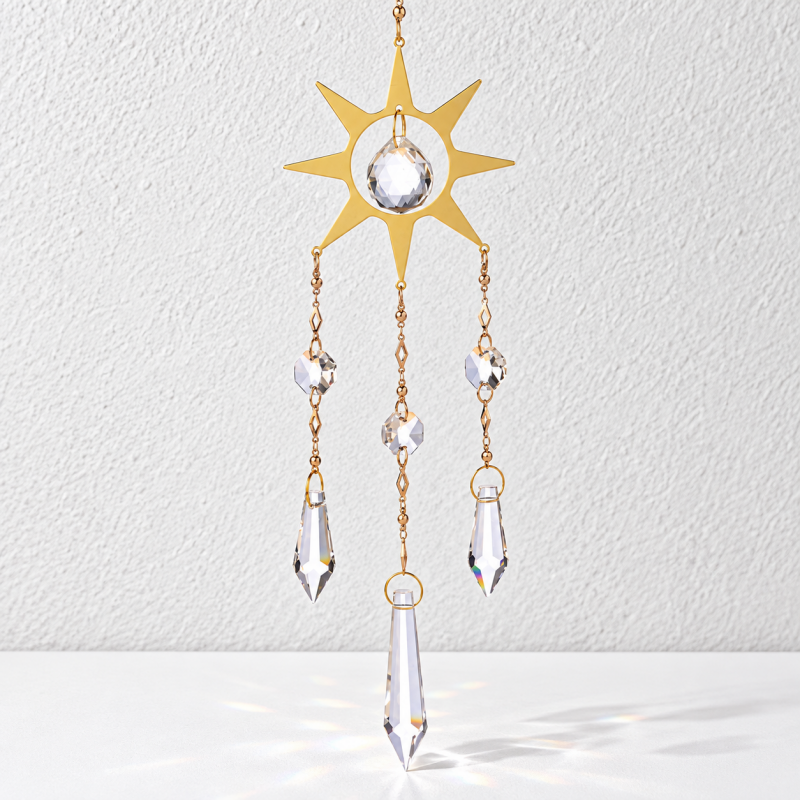 CouldNook Sun Suncatcher - Gold-Toned Rays and Three Hanging Pendant Strands