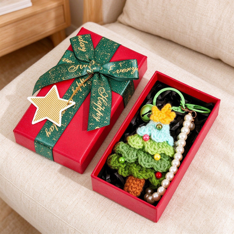 Crochet Christmas Tree Keychain with Pearl-Look Bead Loop
