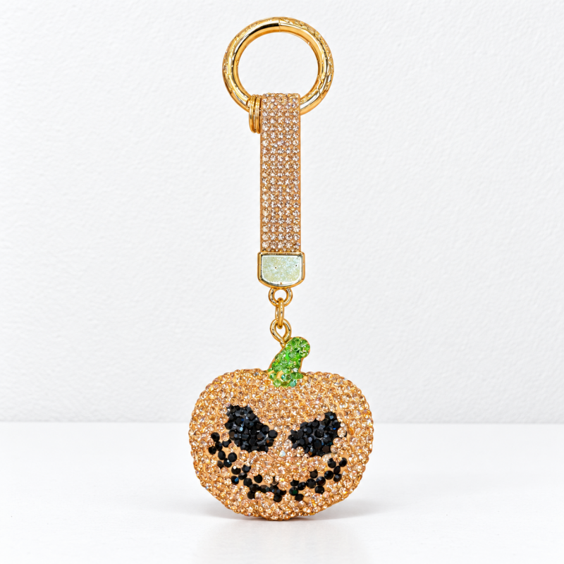 CouldNook Pumpkin Keychain - Rhinestone Face and Contrasting Green Stem