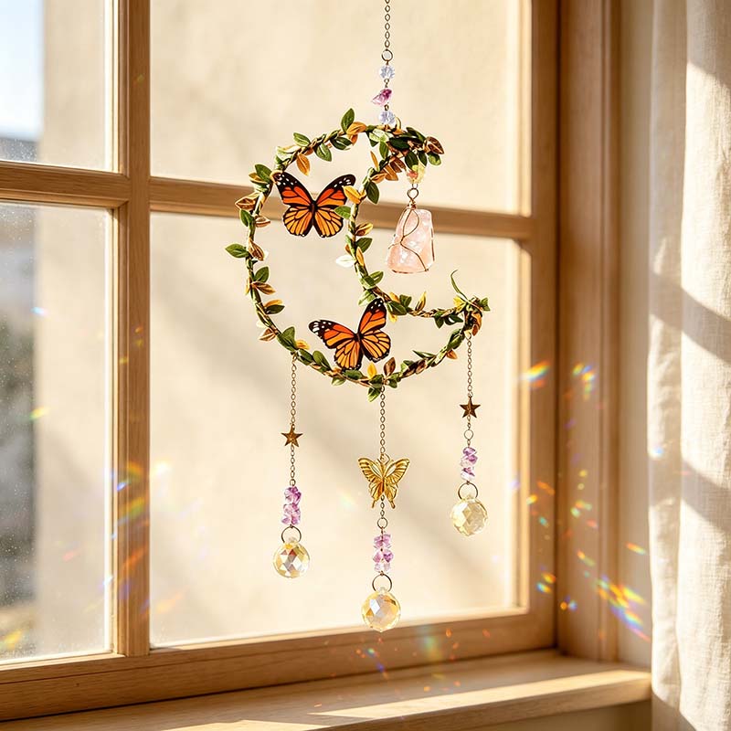 CouldNook Botanical Suncatcher - Butterfly Accents On Leaf Wrapped Frames