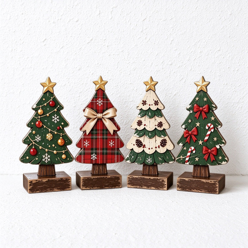 Four-Piece Wooden Christmas Tree Tabletop Decoration Set