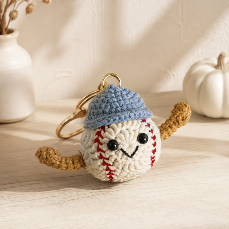 CouldNook Yarn Baseball Doll Keychain - Smiling Face and Cap