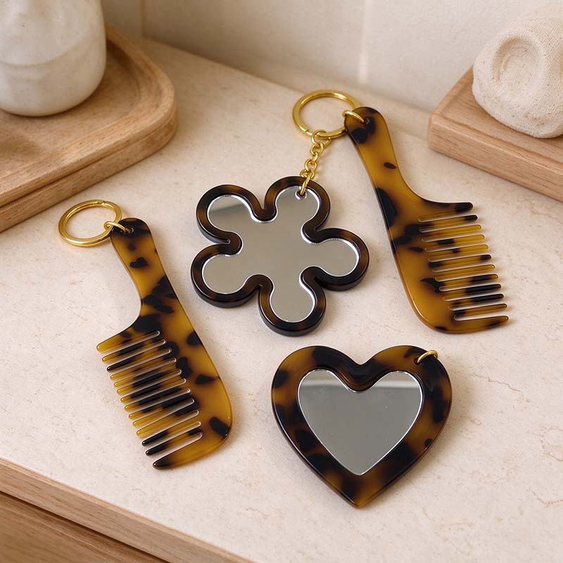 CouldNook Patterned Mirror Comb Keychain - Flower Oval Heart
