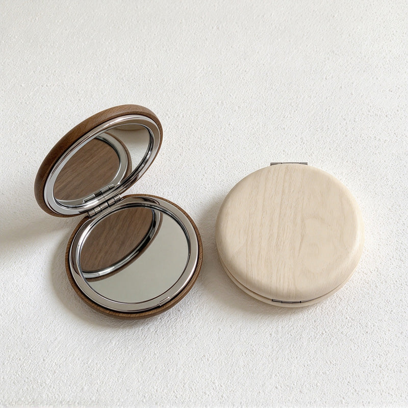 CouldNook Round Folding Mirror - Wood-Grain Cover And Double Mirror Interior