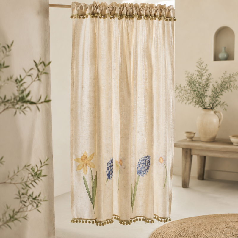 CouldNook Floral Cafe Curtain Panel - Embroidered Bloom Border